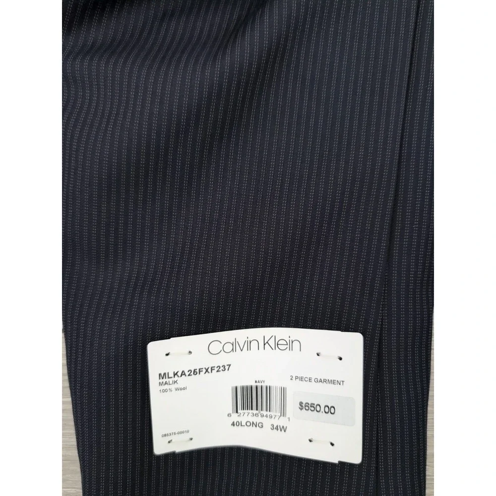 Calvin Klein Suit Mens 40L 34W Navy Pinstripe‎ Wool 2 Piece MLKA2 Malik NWT